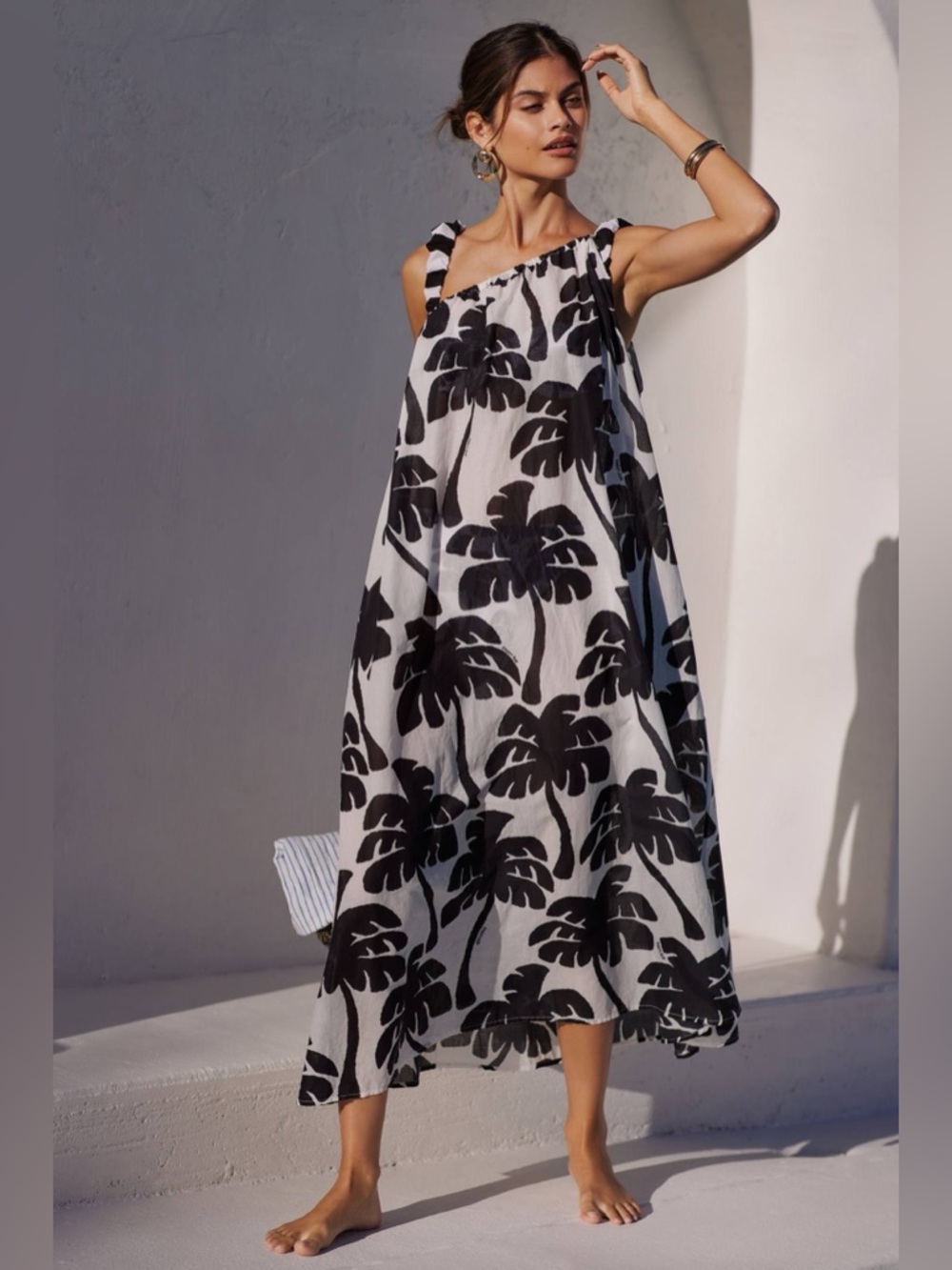 FARM RIO ~ One Shoulder Coconut Tree Print Cotton Maxi Swim Cover-Up Large